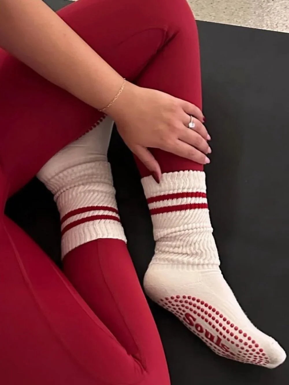 Souls LA Cloud Crew Grip Socks - cream with red stripe, sz S/M